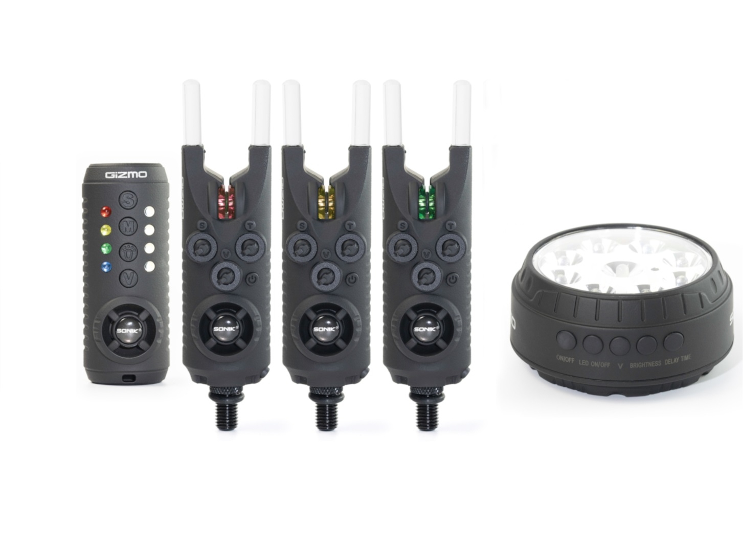 Set Sonik Gizmo 3+1 alarm + bivvy lamp (r + y + g) Set Sonik Gizmo 3+1 alarm + bivvy lamp (r + y + g)