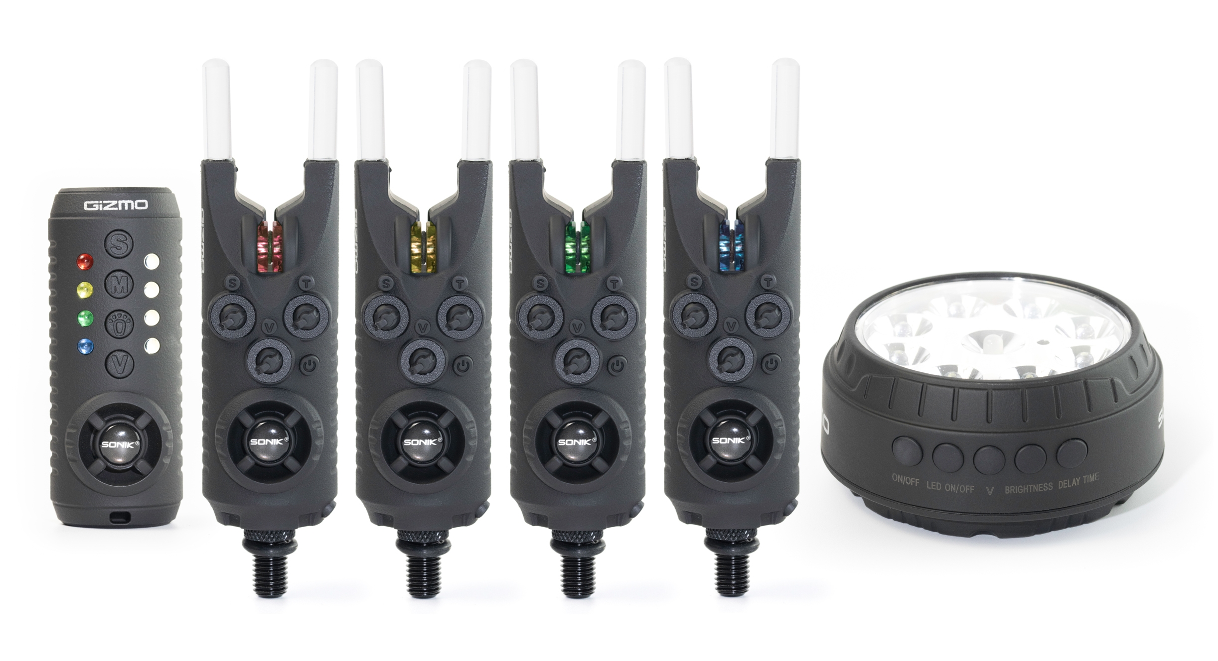 Set Sonik Gizmo 4+1 alarm + bivvy lamp (r + y + g + b) Set Sonik Gizmo 4+1 alarm + bivvy lamp (r + y + g + b)